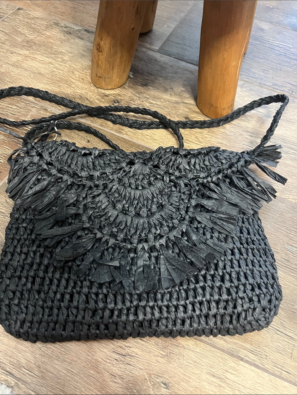 BTB Los Angeles Black Straw Fringed Crossbody Bag Boho